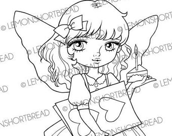 Digital Stamp Birthday Cake Card Fairy, Digi Coloring Page, Fantasy Anime, Valentine’s Day Heart, Meilleurs vœux, Télécharger
