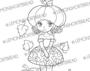 Digital Stamp Pumpkin Hat, Digi Download Autumn Fall, Coloring Page, Fantasy Fairy Elf, Children Kids, Leaves Leaf