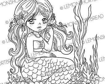 Digital Stamp Mermaid Relax, Digi Download Coloring Page, Fantasy Girl, Anime Big Eyed Cute, Scrapbooking Clip Art Graphic