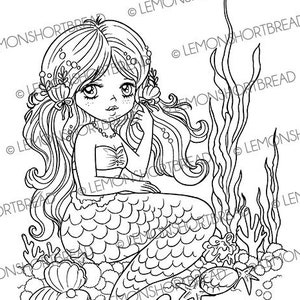 Digital Stamp Mermaid Relax, Digi Download Coloring Page, Fantasy Girl, Anime Big Eyed Cute, Scrapbooking Clip Art Graphic