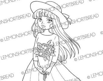 Digital Stamp Hat Bouquet Girl, Digi Download Coloirng Page, Flower Floral, Birthday Spring Summer, Line Art