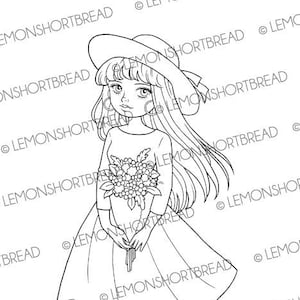 Selo digital Hat Bouquet Girl, Digi Download Coloirng Page, Flor Floral, Aniversário Primavera Verão, Line Art