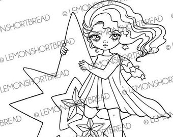 Digital Stamp Shooting Star Celestial Fairy, Digi Printable Coloring Page, Fantasy Girl, Birthday Christmas