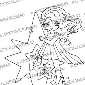 Digital Stamp Shooting Star Celestial Fairy, Digi Printable Coloring Page, Fantasy Girl, Birthday Christmas