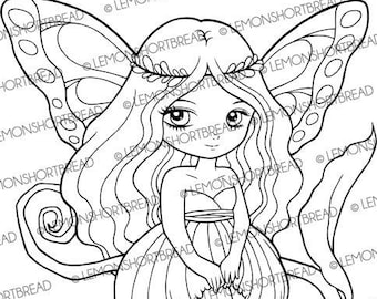 Sello Digital Hada Sentada en Flor, Digi Dibujo para Colorear, Fantasía Floral Pixie, Primavera Verano, Anime Art Descargar