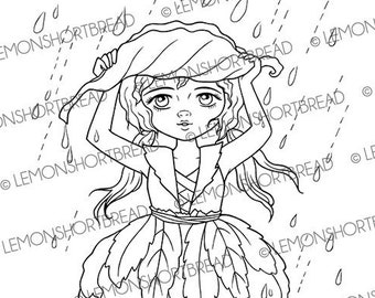 Digital Stamp Rain Shield, Digi Fantasy Printable Coloring Page, Fairy Pixie Leaf, Anime Art, Instant download