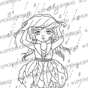 Digitale Stamp Rain Shield, Digi Fantasy Printable Kleurplaat, Fairy Pixie Leaf, Anime Art, Instant download