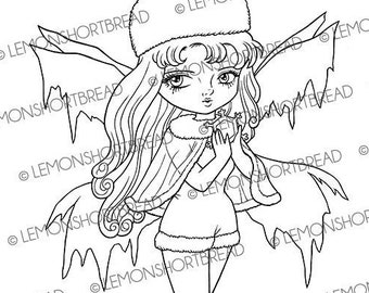 Digital Stamp Winter Frost Fairy, Digi Printable Coloring Page, Merry Christmas Snowflake Fantasy, Téléchargement instantané, Anime Art