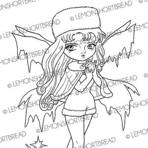 Digital Stamp Winter Frost Fairy, Digi Printable Colouring Page, Merry Christmas Snowflake Fantasy, Instant Download, Anime Art image 1