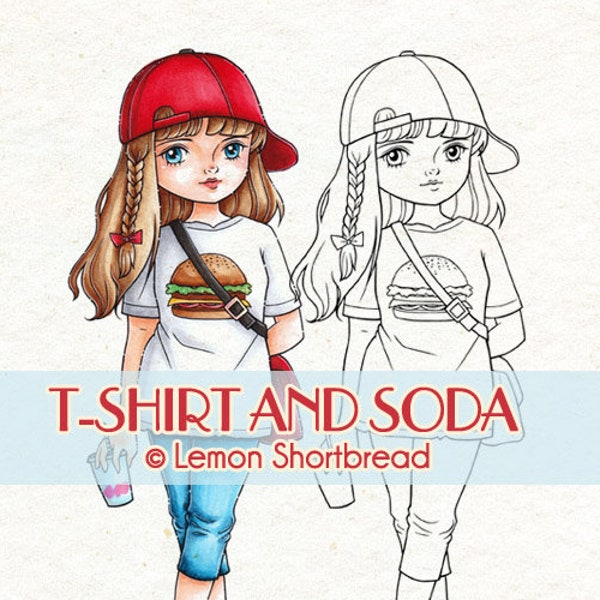 Digital Stamp T-shirt Soda Girl, Digi Download, Teen Hipster, Summer City Burger, Graphic Coloring Page, Scrapbooking