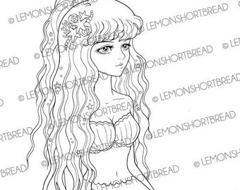 Digital Stamp Mermaid on Rock, Fantasy Printable Coloring Page, Digi Download, Anime Girl Summer, Illustration Art