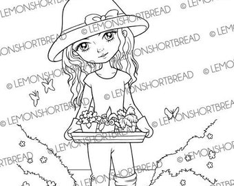 Digital Stamp Gardening Girl, Digi Printable Colouring Page, Summer Garden Floral Flowers, Anime, Instant Download