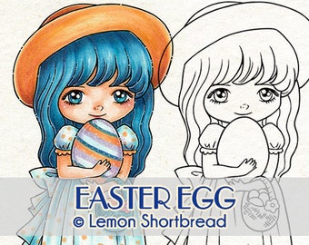 Easter Egg Digital Digi Stamp Download, Girl Basket Eggs, Coloring Page, Scrapbooking Clip Art Graphic, Children's Craft