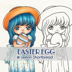 Easter Egg Digital Digi Stamp Download, Girl Basket Eggs, Coloring Page, Scrapbooking Clip Art Graphic, Children&#39;s Craft