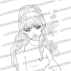 May include: A black and white line drawing of a woman with long hair wearing a headband and a turtleneck sweater. She is surrounded by flowers.
