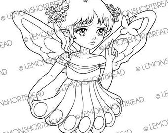 Digital Stamp Butterfly Point Fairy, Digi Download Coloring Page, Fantasy, Spring Summer Garden, Clip Art