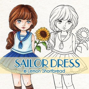 Digital Stamp Sailor Robe Sunflower Girl, Digi Flower Floral, Thinking of You, Get Well Soon, Coloring Page, Image
