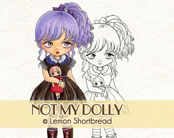 Digital Stamp Goth Girl with Doll, Halloween Digi Download, Gothic Lolita, Coloring Page, Big Eyed Art