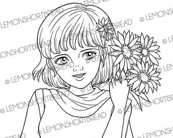 Digital Stamp Aster Flower Girl, Digi Coloring Page, Daisy Floral Summer Autumn, Scrapbooking Instant Download