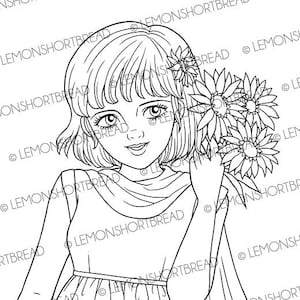 Digital Stamp Aster Flower Girl, Digi Coloring Page, Daisy Floral Summer Autumn, Scrapbooking Instant Download image 1