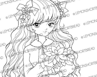 Digital Stamp Christmas Poinsettia Girl, Digi Printable Coloring Page, Winter Shoujo, Anime Art Download