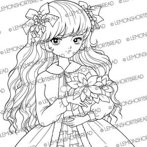 Digital Stamp Christmas Poinsettia Girl, Digi Printable Coloring Page, Winter Shoujo, Anime Art Download image 1