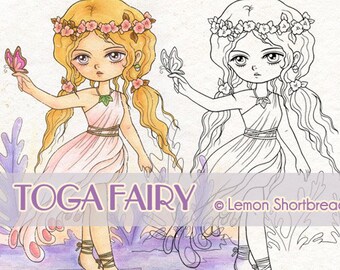 Digital Stamp Flower Toga Fairy Girl, Digi Coloring Page, Fantasy Anime, Butterfly Garden, Line Art Download