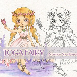 May include: A digital illustration of a fairy wearing a toga and a flower crown. She is holding a butterfly in her hand. The illustration is in a watercolour style and has a purple background. The text "TOGA FAIRY &copy; Lemon Shortbread" is at the bottom of the image.