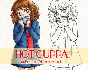 Digital Stamp Hot Cuppa Girl, Digi Download, Coffee Cocoa, Autumn Winter Fall, Fashion Clip Art, Coloring Page, Scrapbooking