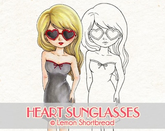 Digital Stamp Heart Sunglasses Girl, Valentines Day, Digi Download, I Love You, Fashion, Coloring Page Line Art