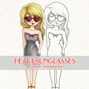 Digital Stamp Heart Sunglasses Girl, Valentines Day, Digi Download, I Love You, Fashion, Coloring Page Line Art