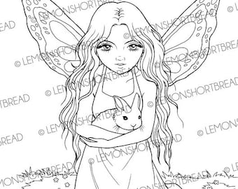 Digital Stamp Fairy with Bunny, Digi Easter Rabbit, Printable Coloring Page Fantasy Anime, Butterfly Girl, Download