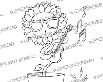 Digital Stamps Dancing Sunflower, Digi Coloring Page, Summer Garden, Music Guitar Ukulele, Floral Flower