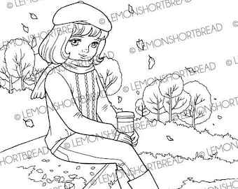 Digital Stamp Autumn Park Girl, Digi Stamps Fall Season Leaves Colouring Page, Garden Nature Forest Trees