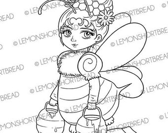 Digital Stamp / Coloring Page Bee Lady, Digi Fantasy Garden Summer Honey, Instant Download