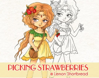 Digital Stamp Strawberry Fairy, Digi Coloring Page, Fantasy Anime Art, Fruits Flower, Strawberries Autumn Fall, Download