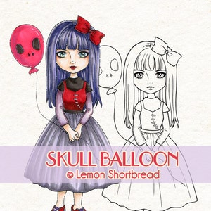 Digital Stamp Skull Balloon Goth Girl, Digi Download, Halloween Gothic Lolita, Coloring Page, Cute Horror Scrapbooking image 1