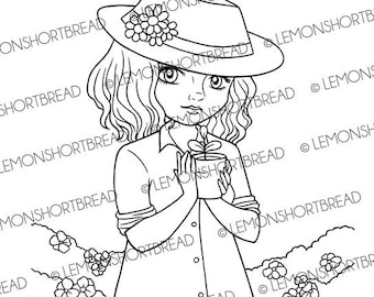 Digital Stamps Seedling Gardening Girl, Digi Coloring Page, Spring Summer Garden, Floral Flowers, Well Wishes