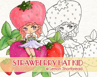 Digital Stamp Strawberry Hat Kid, Digi Coloring Page, Strawberries Fantasy, Anime Girl Art, Fruit, Download