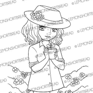 Digitale Briefmarken Seedling Gärtnermädchen, Digi Färbung Seite, Frühling Sommergarten, Blumenblumen, gut Wünsche