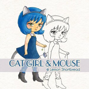 Digital Stamp Cat Girl Mouse, Digi Coloring Page, Anime Kitty, Fantasy Children&#39;s Kids, Line Art Illustration, Download