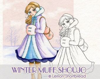 Digital Stamp Winter Snow Muff Girl, Digi Christmas Coloring Page, Shoujo Anime Line Art, Download