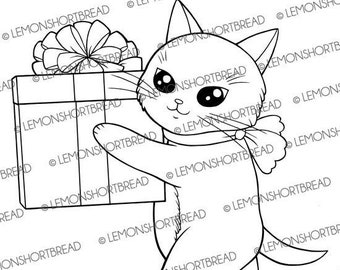 Digital Stamp Kitty Cat Gift, Digi Download, Christmas Birthday Wishes, Card Making Clip Art Image