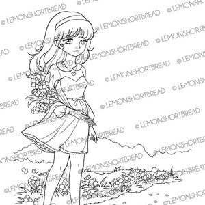 Digital Stamp Flower Garden Girl, Digi Colouring Page, Idyllic Stroll, Spring Summer Floral, Anime Nature Park, Download