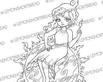 Digital Stamp Sun Celestial Fairy, Digi Download, Solar Fantasy Girl, Galaxy Magical, Coloring Page, Summer Fire