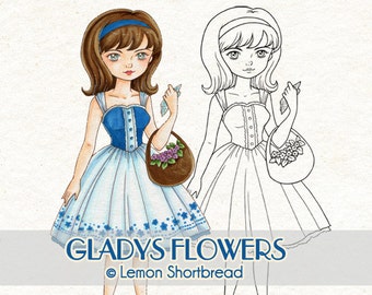 Digital Stamp Gladys Basket Flowers Girl, Digi Printable Coloring Page, 50s 60s Summer, Floral Lady, Instant Download