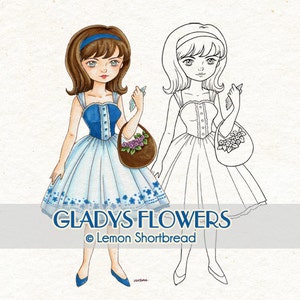 Peut inclure: Un dessin au trait d'une fille en robe bleue tenant un panier de fleurs, et une version color&eacute;e de la m&ecirc;me image. Le texte "GLADYS FLOWERS &copy; Lemon Shortbread" est sous les images.