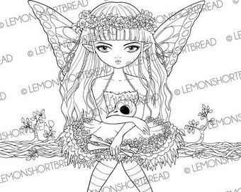 Digital Stamp Goth Fairy Skull, Digi Printable Coloring Page, Fantasy Butterfly, Halloween Big Eyed Art, Download