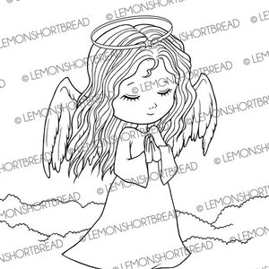 May include: A black and white line drawing of an angel with wings, halo, and long hair. The angel is praying with hands clasped together. The angel is standing on a cloud.