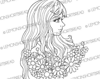 Digital Stamp Romantic Blossoms, Coloring Page, Digi Download Flowers Girl Face, Summer Fantasy, Scrapbooking